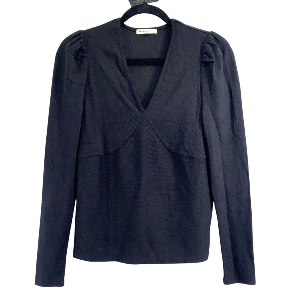 Marine Layer Lexi Rib Fabric Long Sleeve Black V Neck Puff Sleeve Top M